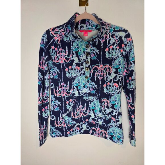 Lilly Pulitzer XS Navy Monkey Chandelier Print Button-Up Long Sleeve Top Workout - Picture 1 of 7